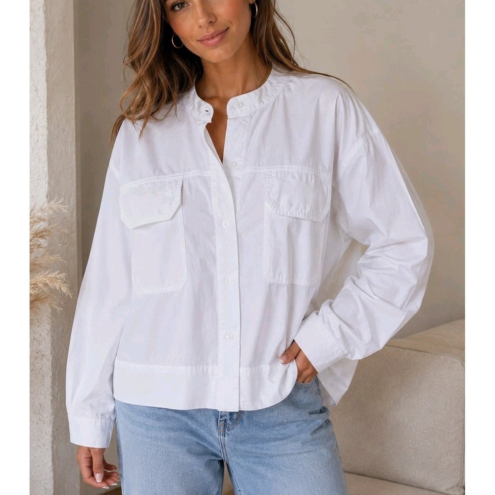 Scoop White Cropped Button Down Shirt L 12-14 Oversized Cotton NWT